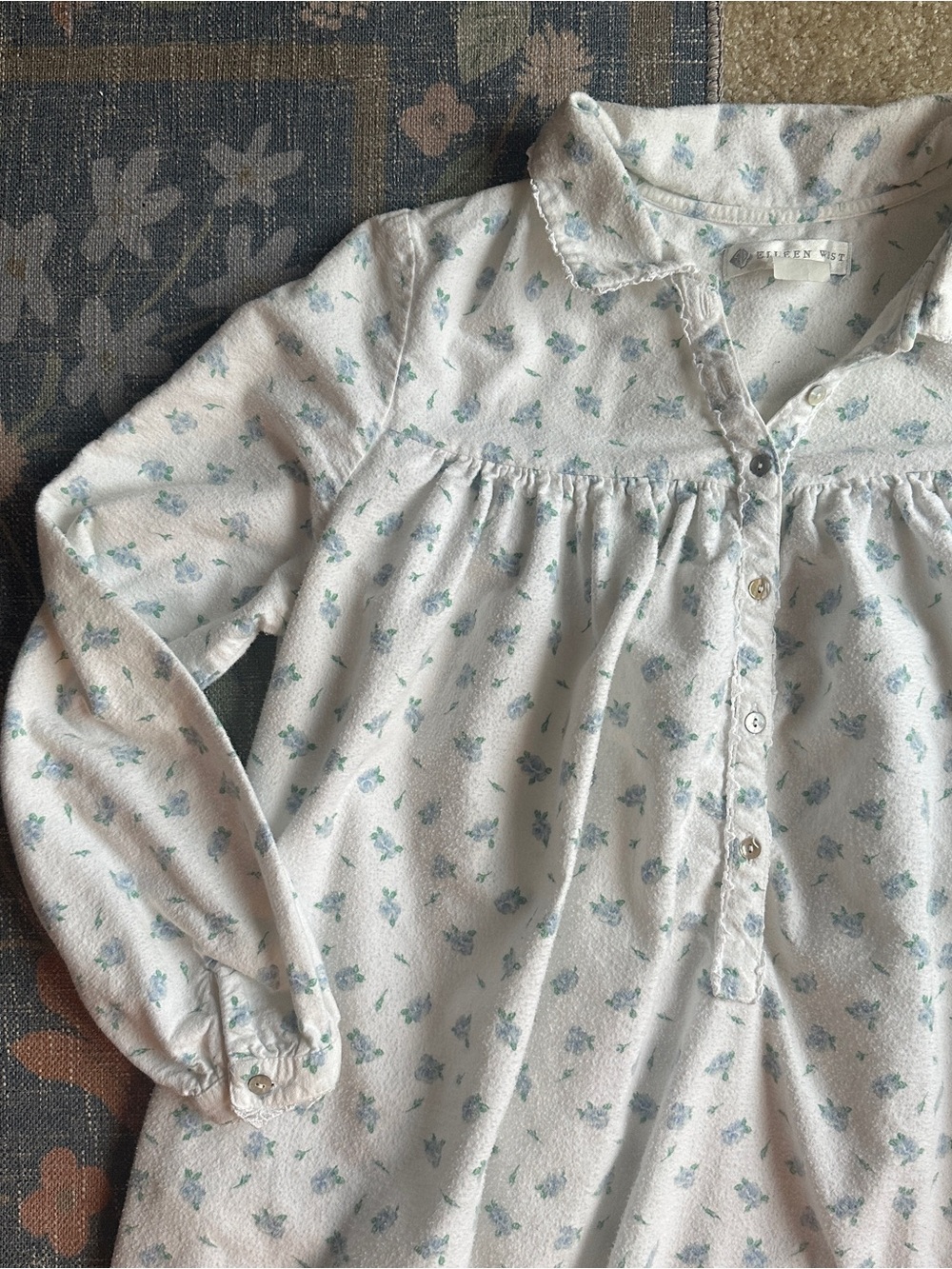 Eileen West White Button-Front Nightgown with Pale Blue Floral Print